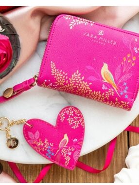 Sara Miller London Small Pink Bird  Floral Zip Wallet with Heart Charm